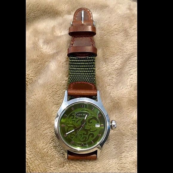 LOIS HILL Green Face Swiss Movement Watch Brown Leather Band (New) RARE UNISEX - Picture 2 of 8